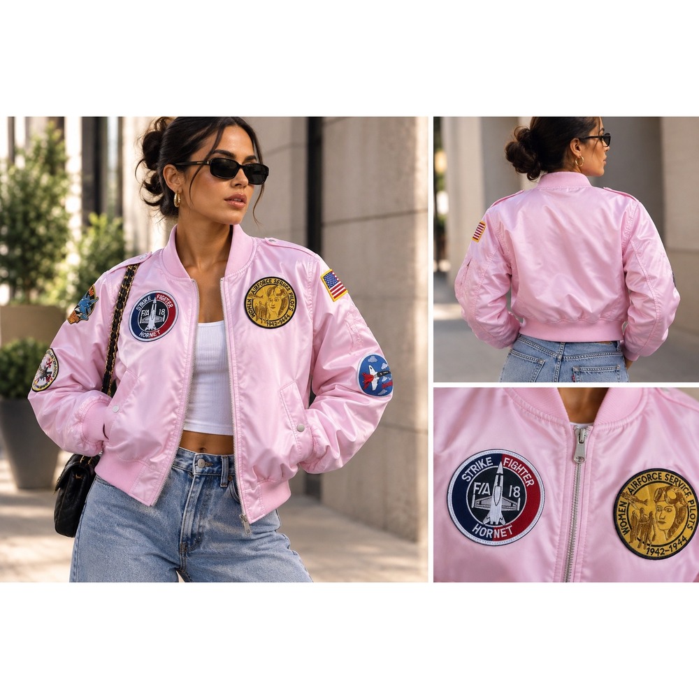 Up and Away Pink MA-1 Flight Jacket Women Airforce Service Pilots Patches Size M